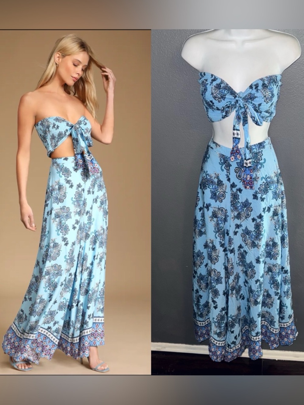 Lulus Women’s Strapless Matching Set Tube Top Bell Pants Blue Jumpsuit Medium